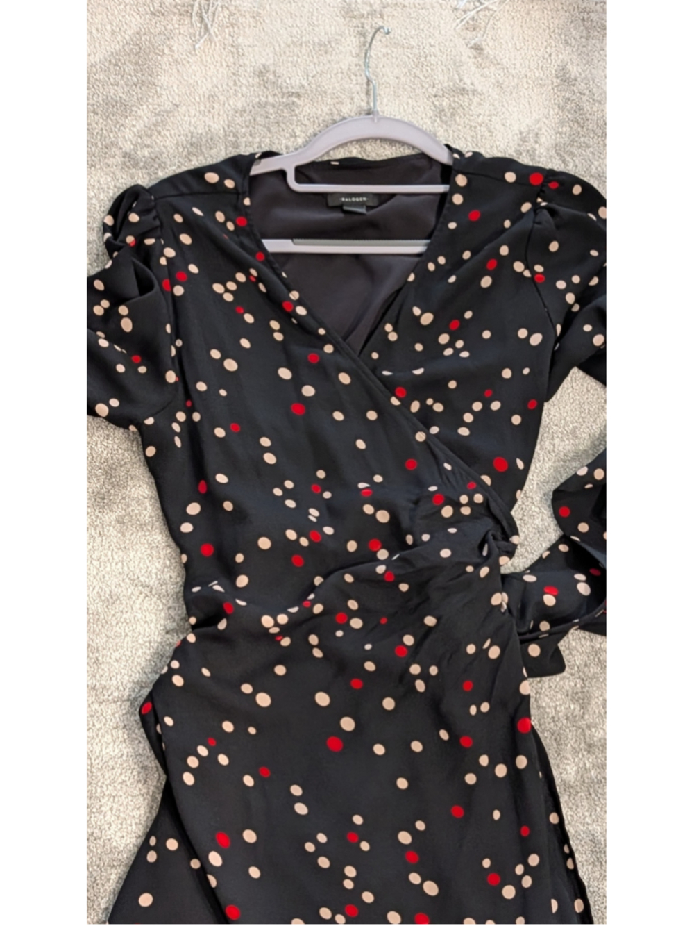 Halogen Black Polka Dot Faux Wrap Midi Dress Long Sleeve Tie Waist Size Small - Picture 7 of 9